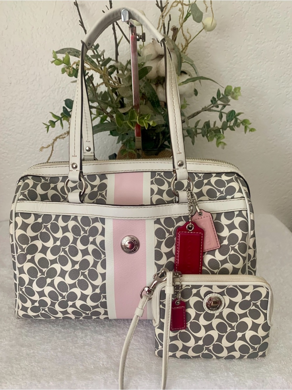 Coach Heritage Signature Cream and Gray Patterned Handbag with Pink Accent